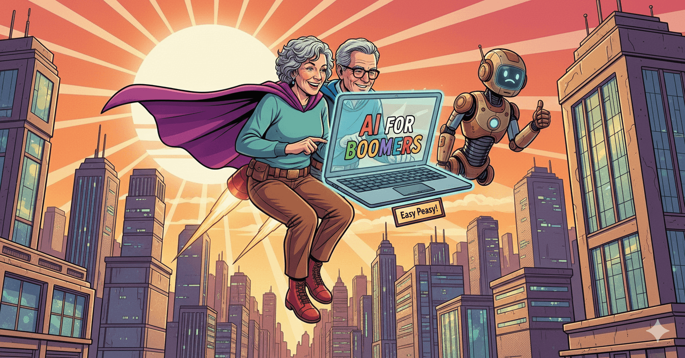 AI for Boomers — a fun illustration of people learning AI with a friendly robot